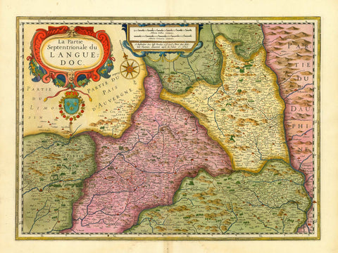 Antique Map, Antike Karte, Languedoc, Langue d'Oc, Cahors, Quercy, Aubin, Rodez, Rhone  Northern part of the Languedoc. Copper etching. Hand coloring.  Published by Jodocus junior and brother Heinrich Hondius. Amsterdam, 1632.