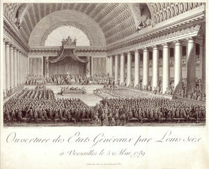 Antique print, "Ouverture des Etats Generaux par Louis XVI a Versailles le 5 Mai 1789"  Louis XVI, Versailles, French Revolution, Ludwig  XVI, Generalstände  Copper etching after painting by Jean-Michel Moreau. The failing of this General congregation of Clerics, Nobility and Third Estate lead almost immediately to the beginning of the French Revolution 1789.  Original antique print   