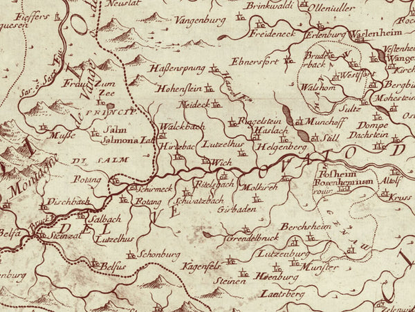 France, Alsace, "Alsacia Superiore e sue Dipendenze" und "Alsatia Inferiore"  2 grossarige detaillierte Kupferstich-Landkarten vom Elsass, geographisch und kartographisch  in den nördlichen und in den südlichen Teil gegliedert.  Kupferstecher: Vincenzo Maria Coronelli (1650-1718)  Der venezianische Franziskaner-Mönch war einer jener universal gebildeten Kartographen, die sich verdient gemacht haben um die kartographische Darstellung unserer Erde.