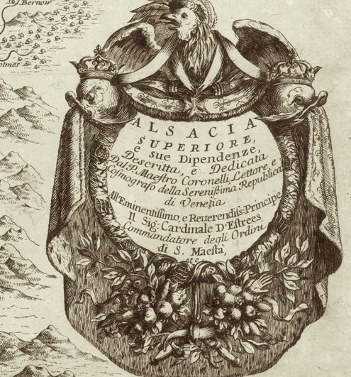 France, Alsace, "Alsacia Superiore e sue Dipendenze" und "Alsatia Inferiore"  2 grossarige detaillierte Kupferstich-Landkarten vom Elsass, geographisch und kartographisch  in den nördlichen und in den südlichen Teil gegliedert.  Kupferstecher: Vincenzo Maria Coronelli (1650-1718)  Der venezianische Franziskaner-Mönch war einer jener universal gebildeten Kartographen, die sich verdient gemacht haben um die kartographische Darstellung unserer Erde.