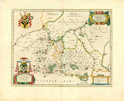 "Archiepiscopatus Cameracensis" "Archevesche Cambry"  Copperplate engraving map by Joan Bleau ca 1650.  Original hand coloring when the map was published. Text on the reverse side in German.  A beutiful and decorative map of northern France.