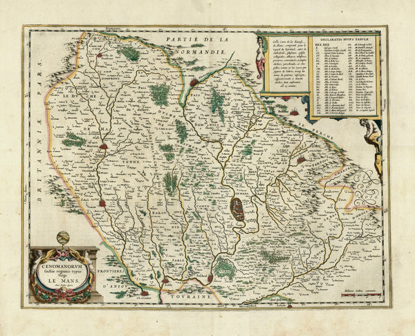 "Cenomanorum Galliae regionis typus Vulgo Le Mans"  Copper engraving map by Matheo Ogerio and published by  Wilem Bleau in Amsterdam ca 1660. Original hand coloring.  On half of the reverse side is text in German about the region of Le Mans.