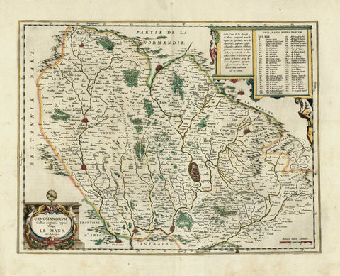 "Cenomanorum Galliae regionis typus Vulgo Le Mans"  Copper engraving map by Matheo Ogerio and published by  Wilem Bleau in Amsterdam ca 1660. Original hand coloring.  On half of the reverse side is text in German about the region of Le Mans.