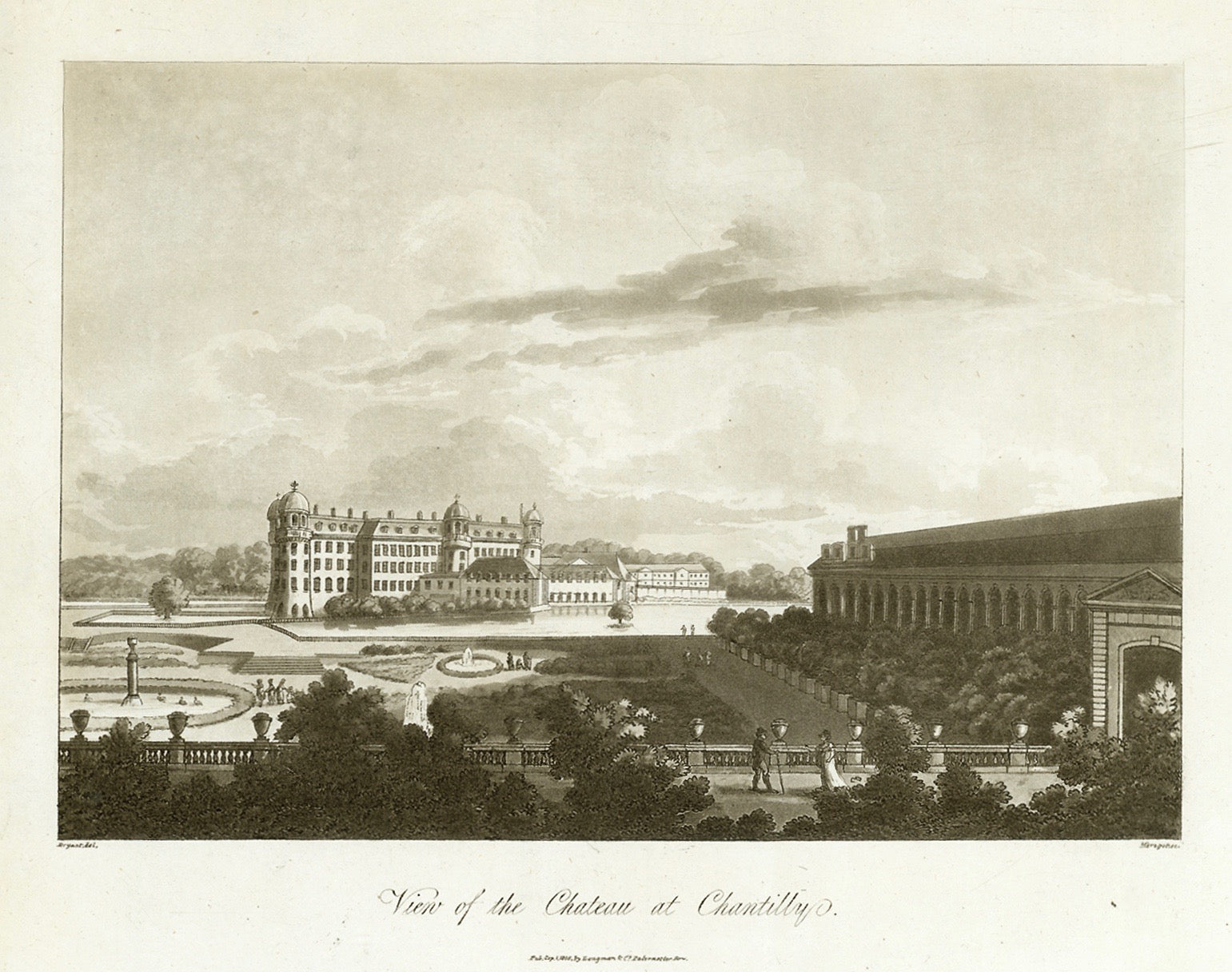 Chantilly. - "View of Chateau at Chantilly"  The famous chateau, just about 40 kilometers north of Paris in the valley of the Nonette river.  Chantilly is well known among horse lovers. It is the most important center for horse racing in France.  Aquatinta toned in sepia color. After the drawing by Joshua Bryant  Published in London, dated 1805