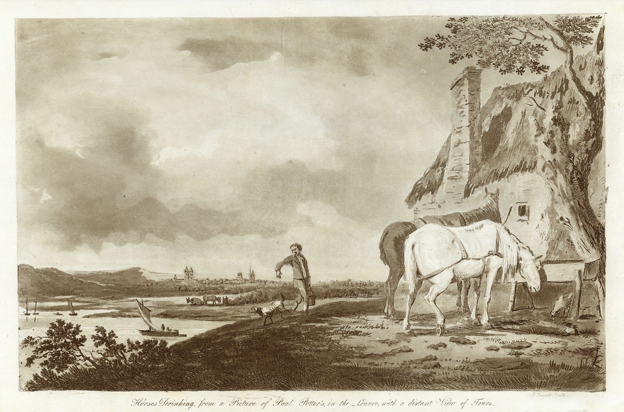 Tours. - "Horses Drinking, from a Picture of Paul Potter's, in the Louvre, with a distant view of Tours"  Toned in sepia color aquatinta by Joshua Bryant after the painting by Paul Potter (1625- 1654)  Published in London, dated 1805  Distant view of Tours along the Loire. An old farm house with horses waiting to be watered by the farmer who carries a bucket of Loire water up the hill from the river.