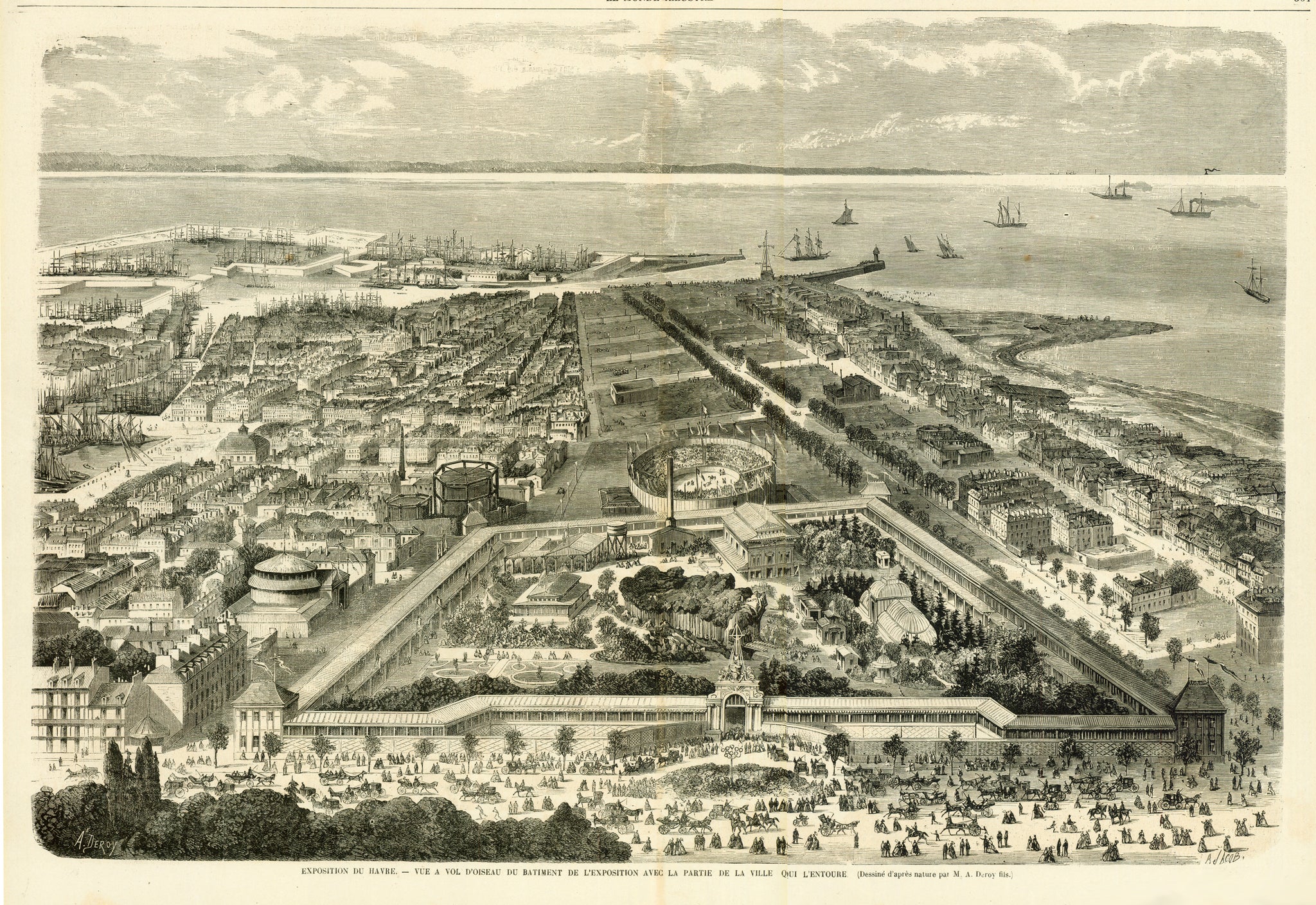 Le Havre. - "Exposition du Havre. - Vue a vol d'oiseau du Batiment de L'exposition avec la partie de la ville qui l'entoure"  in 1868 Le Havre was hosting the International Maritime Exposition. The foreground of this print shows the exposition site. As a half bird's eye view we also see in detail the part of the city of Le Havre which surrounds the exposition site. In back harbor and the waters of the English Channel.  Large wood engraving by A. Deroy and A. Jacob. Published in Paris, 1868