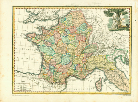 "Les Gaules"  Copper engraving map by J. R. Tardieu and Giraldon ca 1750. Attractive hand colouring.  This map is very interesting for Celtic and toponymy studies.
