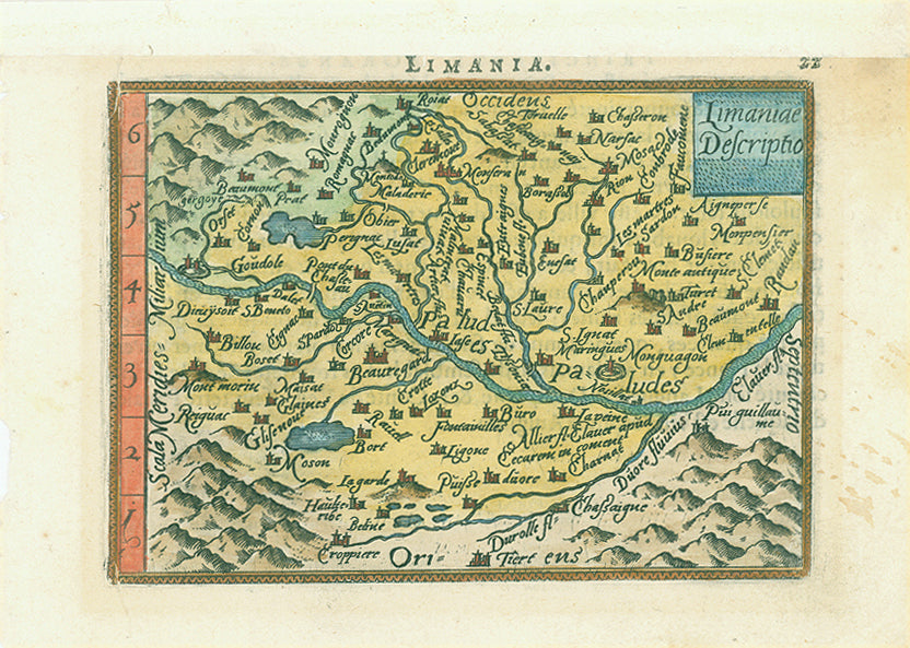 "Limania Descriptio". Copper etching in modern coloring from the pocket atlas by A. Ortelius. Antwerp, ca 1580.