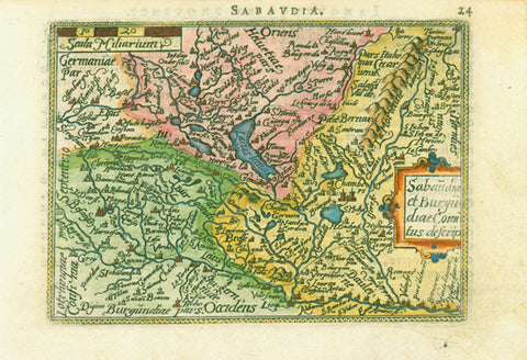 "Saubaudia"  Copper etching with hand coloring from the pocket atlas by A. Ortelius. Antwerp, ca 1580.  This map is east oriented. North is on the left side.  In the upper left is Strassburg and Basel. Part of the pink area is Switzerland. French text on reverse side describes Languedoc.