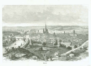 "Rouen"  Wood engraving ca 1875.   Vertical centerfold. Fine, clean print.  Original antique print 