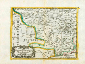 "Reise Cart aus Provence in Italien"  Copper engraving by Gabriel Bodenehr ca 1705. Hand coloring.  In the lower right is the Mediterranean with Nice and Monaco. In the upper right is Saluzzo and Caraglio. On the left is the Isolotte River.  Original antique print , interior design, wall decoration, ideas, idea, gift ideas, present, vintage, charming, special, decoration, home interior, living room design