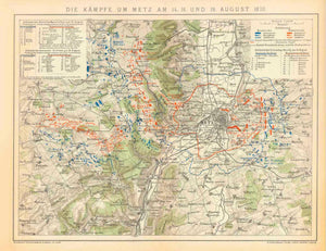 "Der Kampf um Metz am 14., 16, und 18 August 1870"  Very detailed map of te battle in 1870 around the city of Metz. The positions of the various troups are shown in colors matching the color keys in the upper right and left.  Map published ca 1890.  Original antique print, interior design, wall decoration, ideas, idea, gift ideas, present, vintage, charming, special, decoration, home interior, living room design
