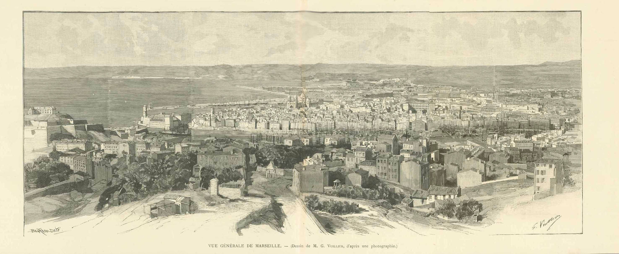 "Vue Generale de Marseille"  Zincograph by M.G. Vuillier (who used a photograph as model)  General panoramic view of this great Southern French city.  Seen across the city to its harbor and the Mediterranean Sea.  Paris, ca. 1890  Original antique print , interior design, wall decoration, ideas, idea, gift ideas, present, vintage, charming, special, decoration, home interior, living room design