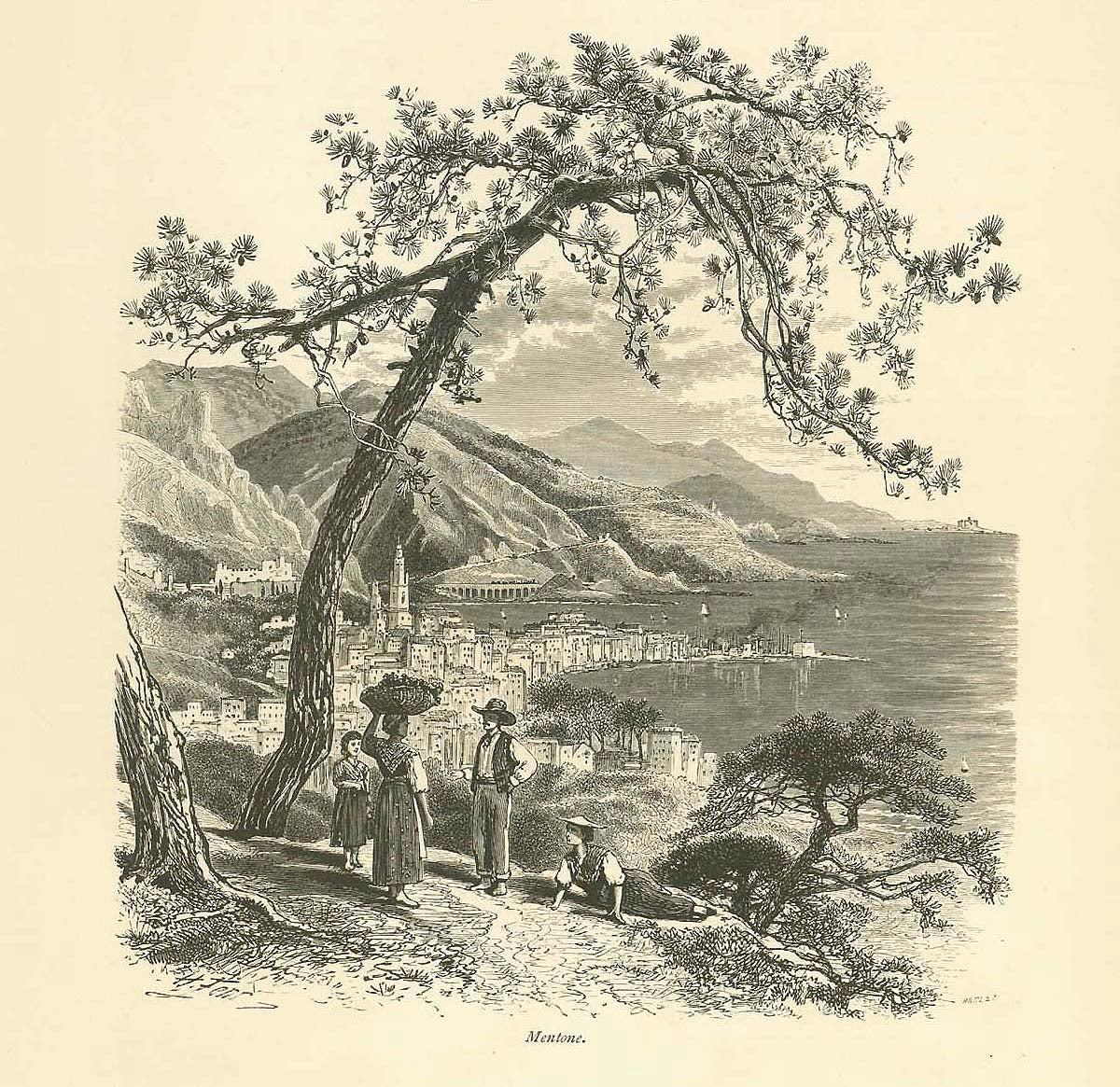 "Mentone" - Menton - France  Wood engraving published ca 1875.  On the reverse side is an image of Ventimiglia.  Original antique print  , interior design, wall decoration, ideas, idea, gift ideas, present, vintage, charming, special, decoration, home interior, living room design