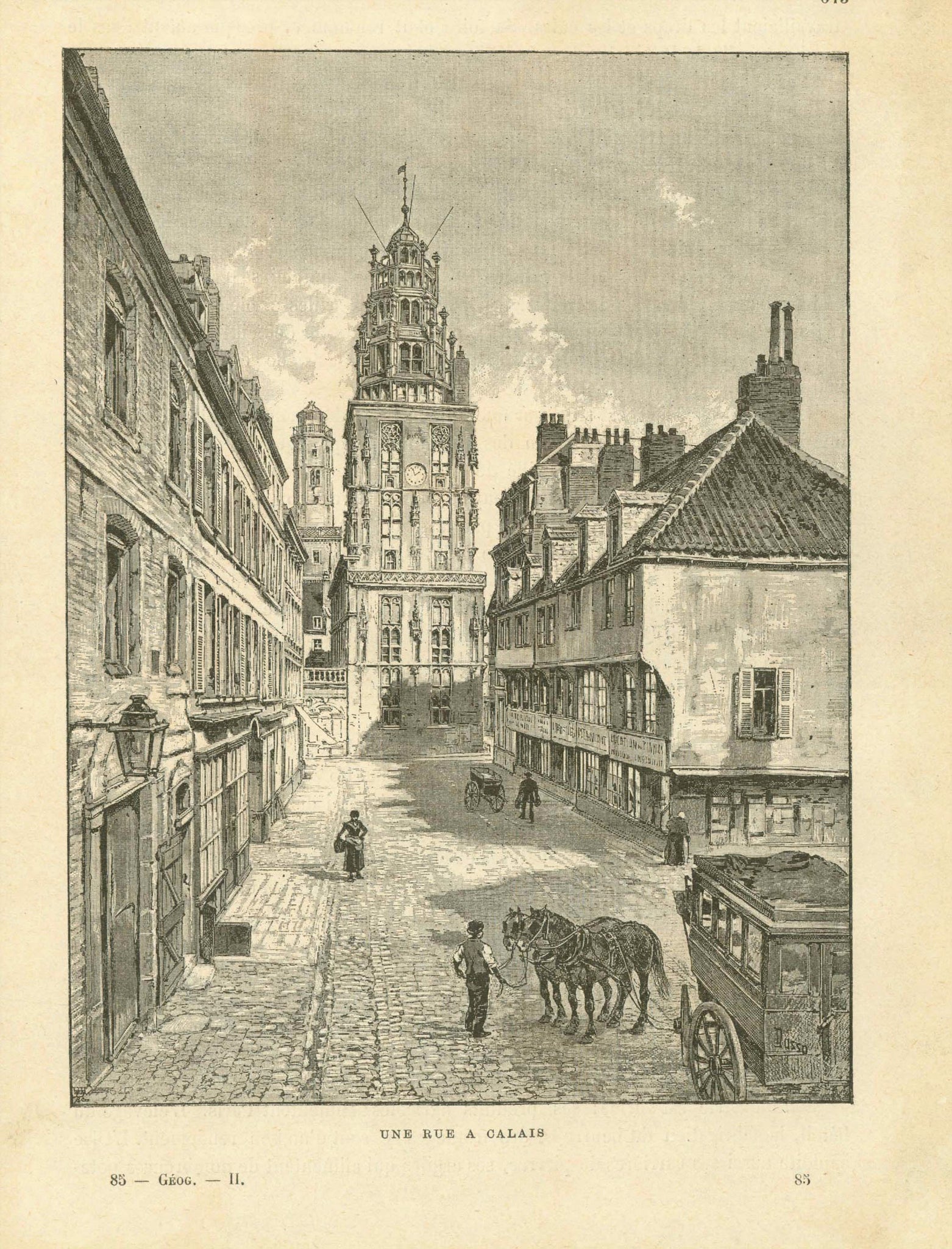 Antique print, France, Calais, "Une Rue a Calais"  Zincograph published ca 1890.interior design, wall decoration, ideas, idea, gift ideas, present, vintage, charming, special, decoration, home interior, living room design