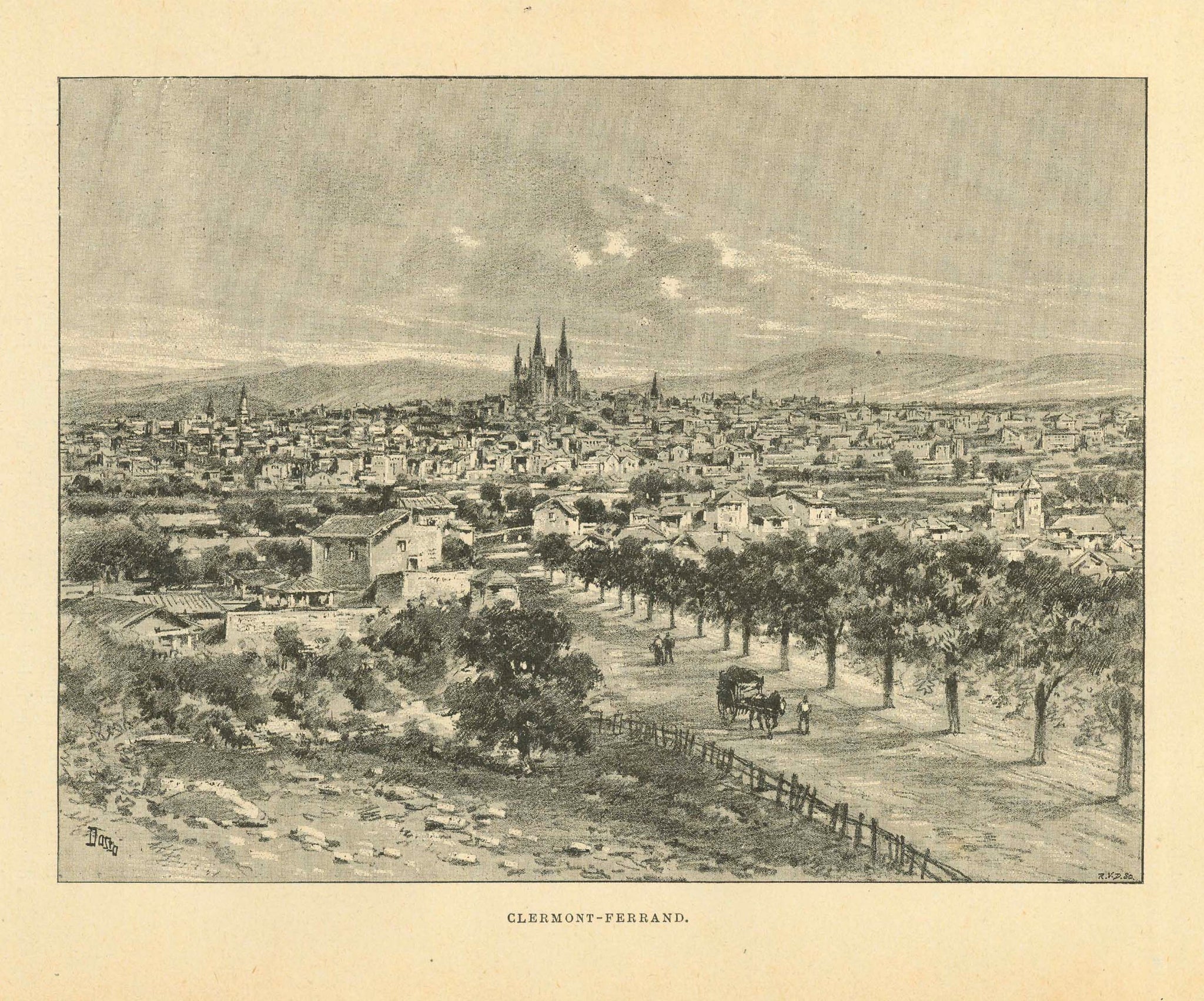 "Clermont-Ferrand"  Clermont-Ferrand, Auvergne, Puy de Dome, Tiretaine, Nemossos  Rare zincograph published ca 1890. On the reverse side is text about Clermant-Ferrand and the Auvergne.  Original antique print  , interior design, wall decoration, ideas, idea, gift ideas, present, vintage, charming, special, decoration, home interior, living room design