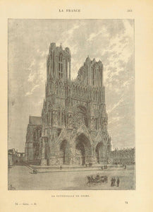 "La Cathedrale de Reims"  Zincograph published ca 1890. Text on the reverse side about regional France.  Original antique print  