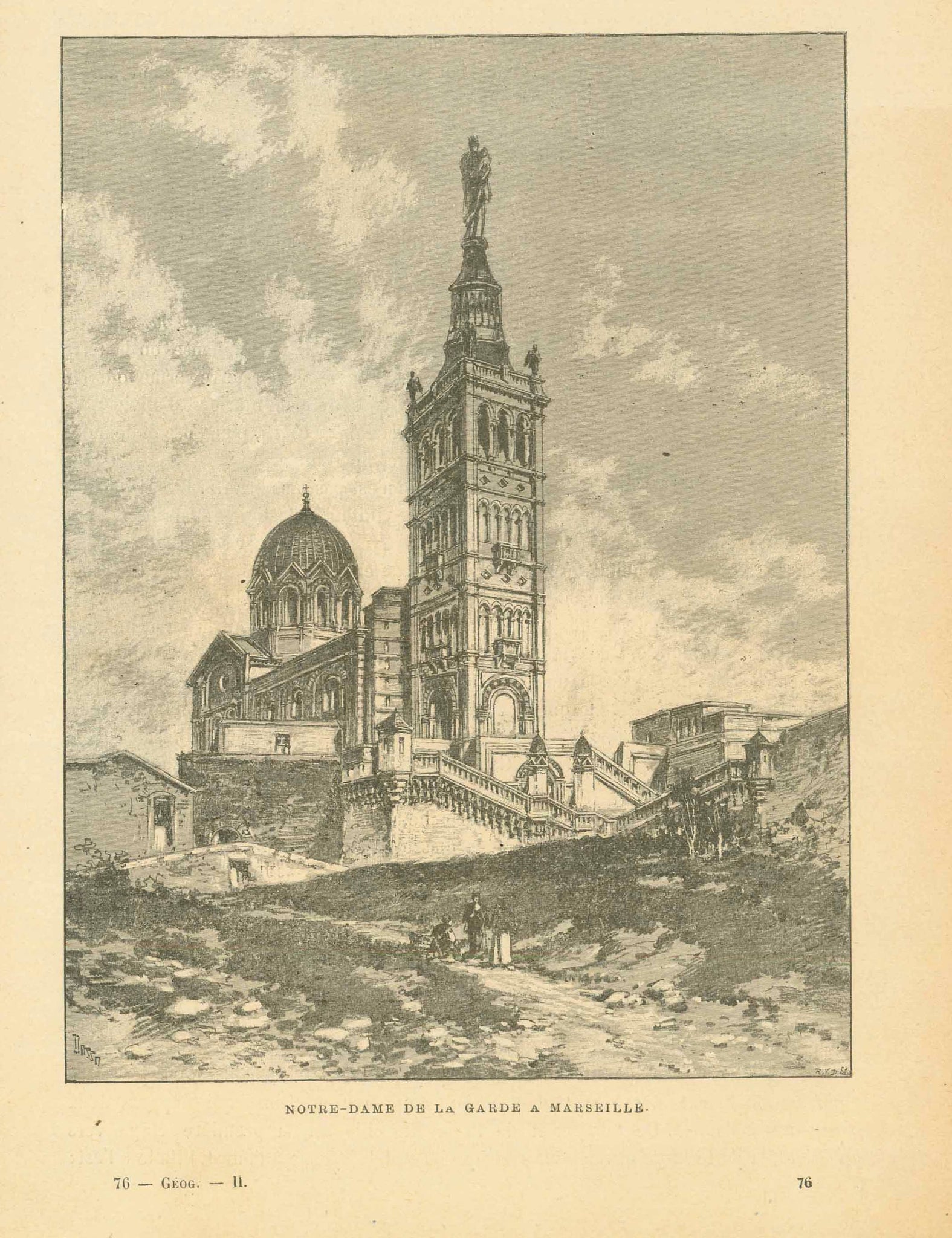 "Notre Dame De La Gard A Marseille"  Zincograph published ca 1890.  Original antique print  