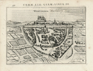 "Wurtzburch Wurtzbourg"  Copper engraving by Petrus Bertius of Wuerzburg. Published 1616.  The word "Wurtzbourg" in the title was handwritten after publishing.