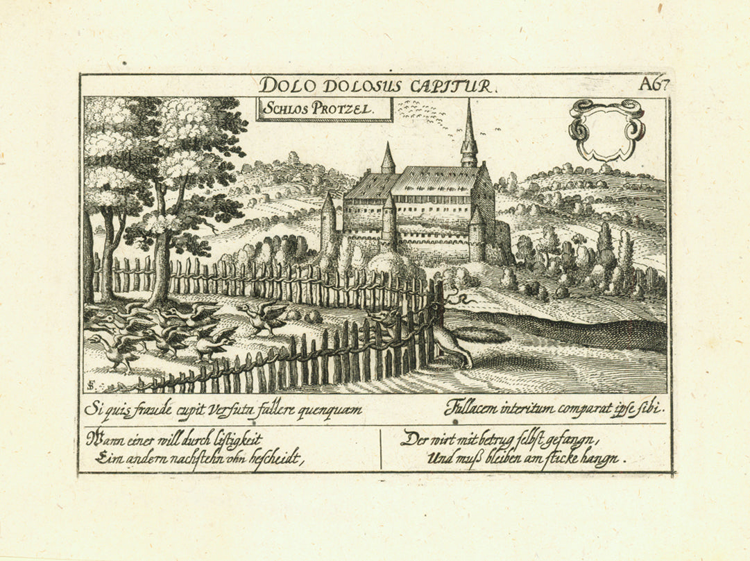 "Schlos Protzel" (Stadtprozel am Main)  Very fine copper engraving of the castle and surroundings in Stadtprozelten. Below the image is text verse in Latin and German.  Published in "Meissners Schatzkaestlein" 1678.