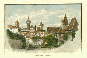 "Near the Ramparts" Nuernberg  Wood engraving 1881. Reverse side is printed. Pleasant hand coloring.