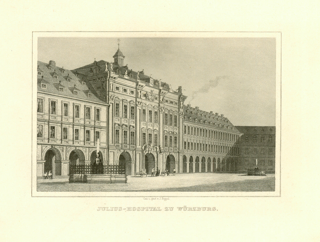 "Julius Hospital zu Wuerzburg"  Steel engraving by J. Poppel ca 1850. Good condition.