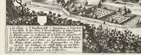 Würzburg. - "Herrbipolis Wurtzburg"  Copper etching.  Published in "Topographia Franconiae. Das ist / Beschreibung, und Eygentliche Contrafactur  der Vornembsten Stätte, und Plätze des Franckenlandes / und Deren / die Zu Dem Hochlöblichen  Fränckischen Craisse gezogen werden.  By Matthäus Merian (1593-1650)  This book was produced in 1648 and published in Frankfurt on the Main, 1656