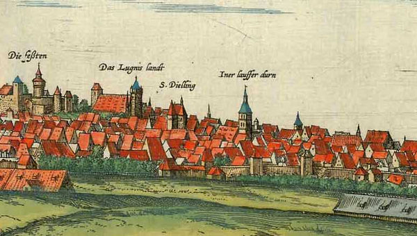 Nürnberg. - "Nurnberg" - "Norenberga"  General view of this proud old Franconian City in Bavaria  Copper etching with outstanding original hand coloring  Published in "Civitates Orbis Terrarum" by author and publisher Georg Braun (1541-1622)  and engraver and publisher Frans Hogenberg (1535-1590)  Cologne, 1572
