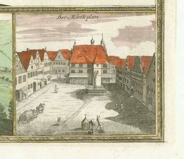 "Accurater Prospekt u. Grundriss der Gegend der Kayserl. Freien Reichs Stadt Weissenburg am Nordgau"  Umghebungsplan und Panorama der Stadt Weissenburg  Copper etching. Original hand coloring. Published by Johann Baptist Homann (1664-1724)  Nuremberg, ca. 1720