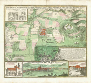 "Accurater Prospekt u. Grundriss der Gegend der Kayserl. Freien Reichs Stadt Weissenburg am Nordgau"  Umghebungsplan und Panorama der Stadt Weissenburg  Copper etching. Original hand coloring. Published by Johann Baptist Homann (1664-1724)  Nuremberg, ca. 1720