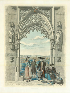 Ansbach. - "Kreisstadt Ansbach" Title left and right on archway "Rezat Kreis"  Ansbach was capital of Rezatkreis  Copper etching. Partially hand-colored  From the series:  "Das Königreich Bayern in seinen acht Kreisen" (The eight districts of the Kingdom of Bavaria"  By Georg Lommel and Gottfried Bauer  Edition: Ca. 1880