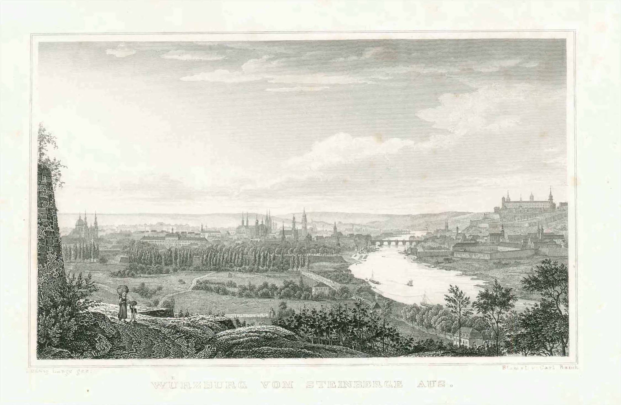 "Wuerzburg vom Steinberge aus"  Steel engraving by Rauch after Ludwig Lange 1837.  Original antique print  