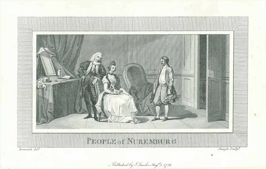 "People of Nuremburg"  Copper engraving by Neagle after Benezeck dated 1791.  Original antique print , interior design, wall decoration, ideas, idea, gift ideas, present, vintage, charming, special, decoration, home interior, living room design