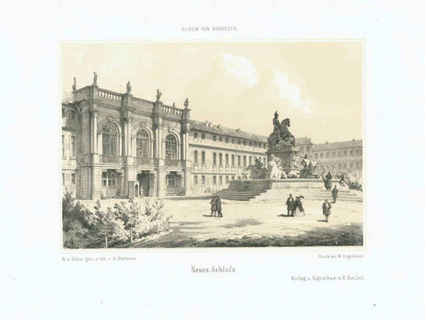 "Neues Schloss"  Toned lithograph by Stelzner for W. Engelhard from "Album von Bayreuth" ca 1860.  Original antique print 