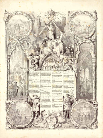 Freemasons Berlin. -"Des Vereins Richtfest"  Free Masonry, Freimauer, Richtfest, Berlin, Arnim's Saal  Lithograph by Victor L. Burger after a drawing by Hermann Ende ( 1829-1907 ).  With a poem by V. Buttmann for the event on January 21, 1859.  This single-sheet print was published by V.W. Korn in Berlin, 1859.  The vignettes are a homage to German and international buildings and architectures: Athens