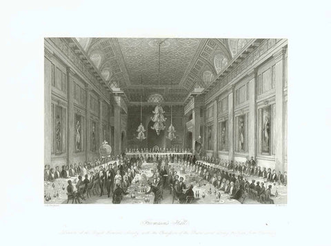 "Freemason's Hall" "Dinner of the Royal Humane Society with the Procession of the Persons saved during the Year from Drowning"  Steel engraving by H. Melville after T. H. Shepard ca 1850.