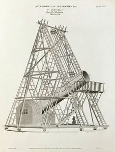 "Herschel's forty feet Telescope"  Wood engraving 1844. Reverse side is printed.