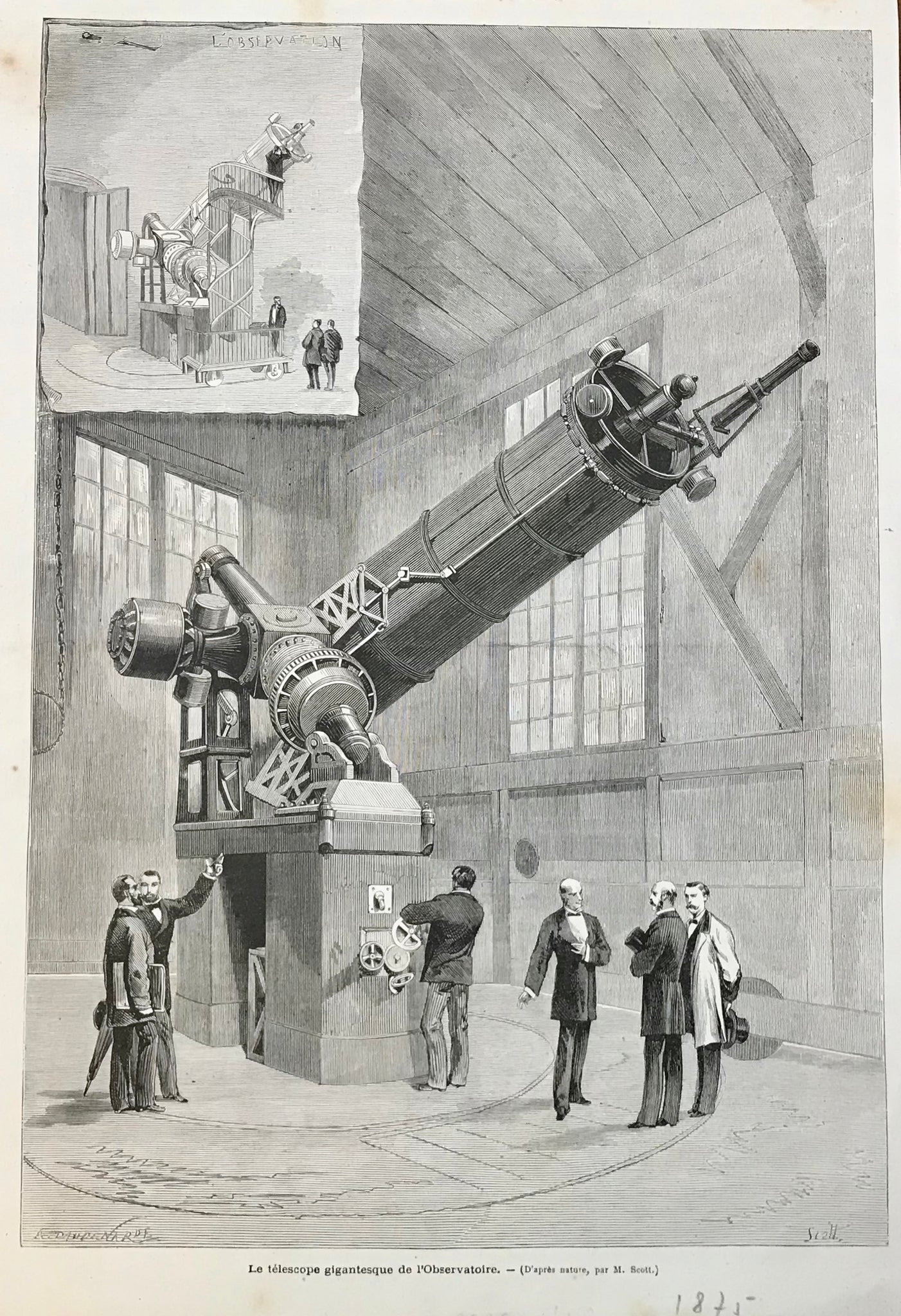 "Le telescope gigantesque de L'Observatoire"  Wood engraving after Scott published 1875. Reverse side is printed with unrelated text.  Minor spotting in margins.