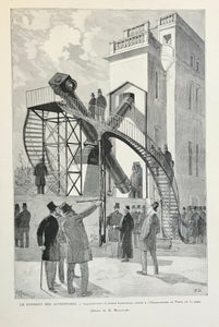 Le Congres des Astronomes. - Inaugaration du grand equatorial coude a l'Observatoire de Paris, le 31 Mars.  Wood engraving after M. Moulignie, 1891. Reverse side is printed. Some creasing on left side of image.
