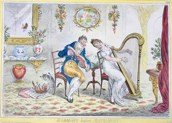 "Harmony before Matrimony"  Hand-colored copper etching by James Gilray (1756-1815)  Two love birds united in harmony, she devotedly playing the harp, he holding the notes and text "Duets de l'Amour" and singing. All is well for the two love birds. No troubles, yet, no worries.