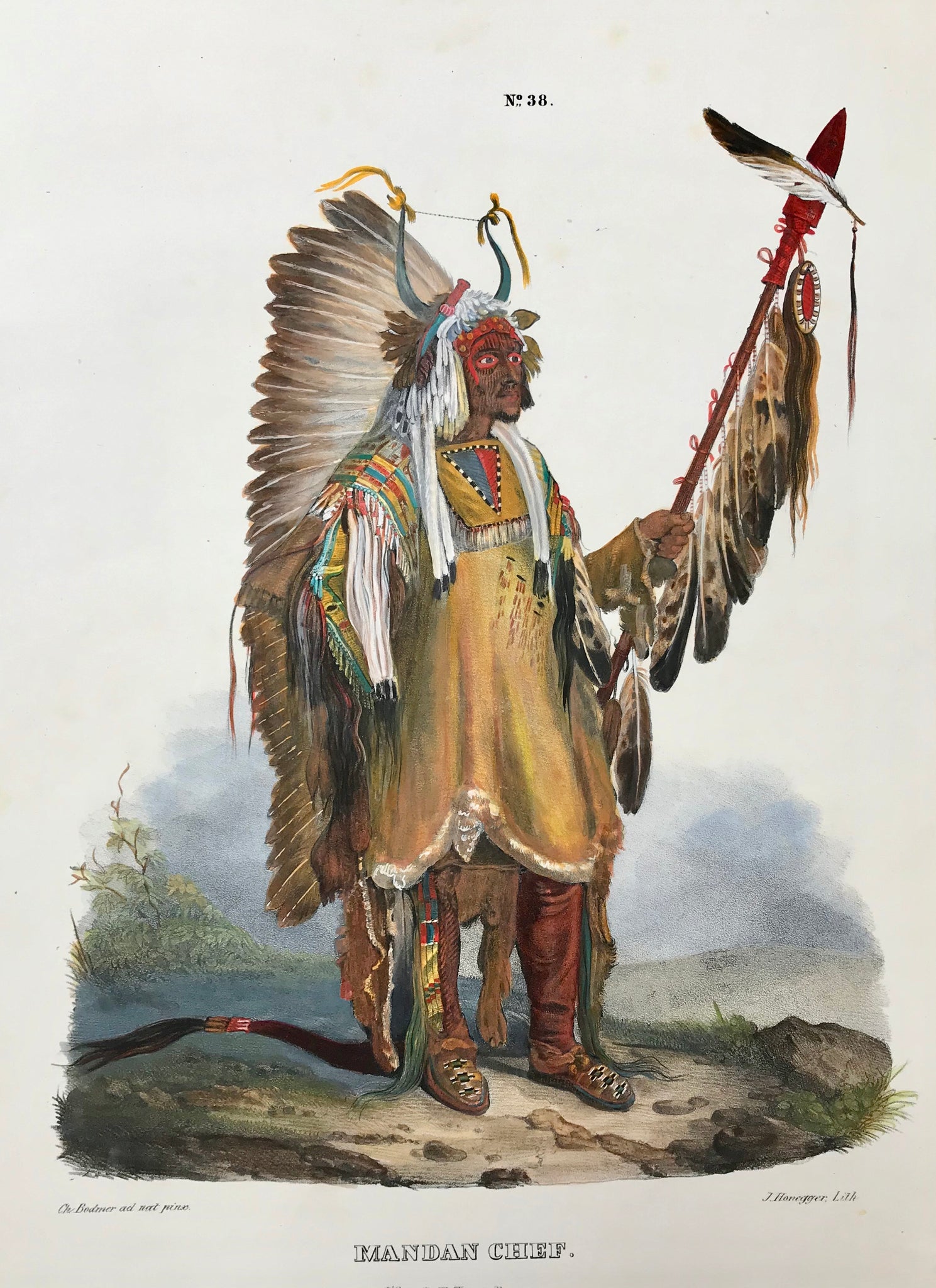 "Mandan Chief - Chef Mandan"  The lithographs of plains Indians and their culture were printed in  "Naturgeschichte und Abbildungen des Menschen und der verschiedenen Rassen und Staemme nach den neuesten Entdeckungen und vorzueglichsten OriginalenÉ"  by Heinrich Rudolf Schinz (1777-1861).  These lithographs of Native Americans were done by  the lithographer J. Honegger  after  Johann Carl Bodmer (1809-1893), who had traveled in America together with  Prince Maximilian Alexander Philipp zu Wied-Neuwied (1782