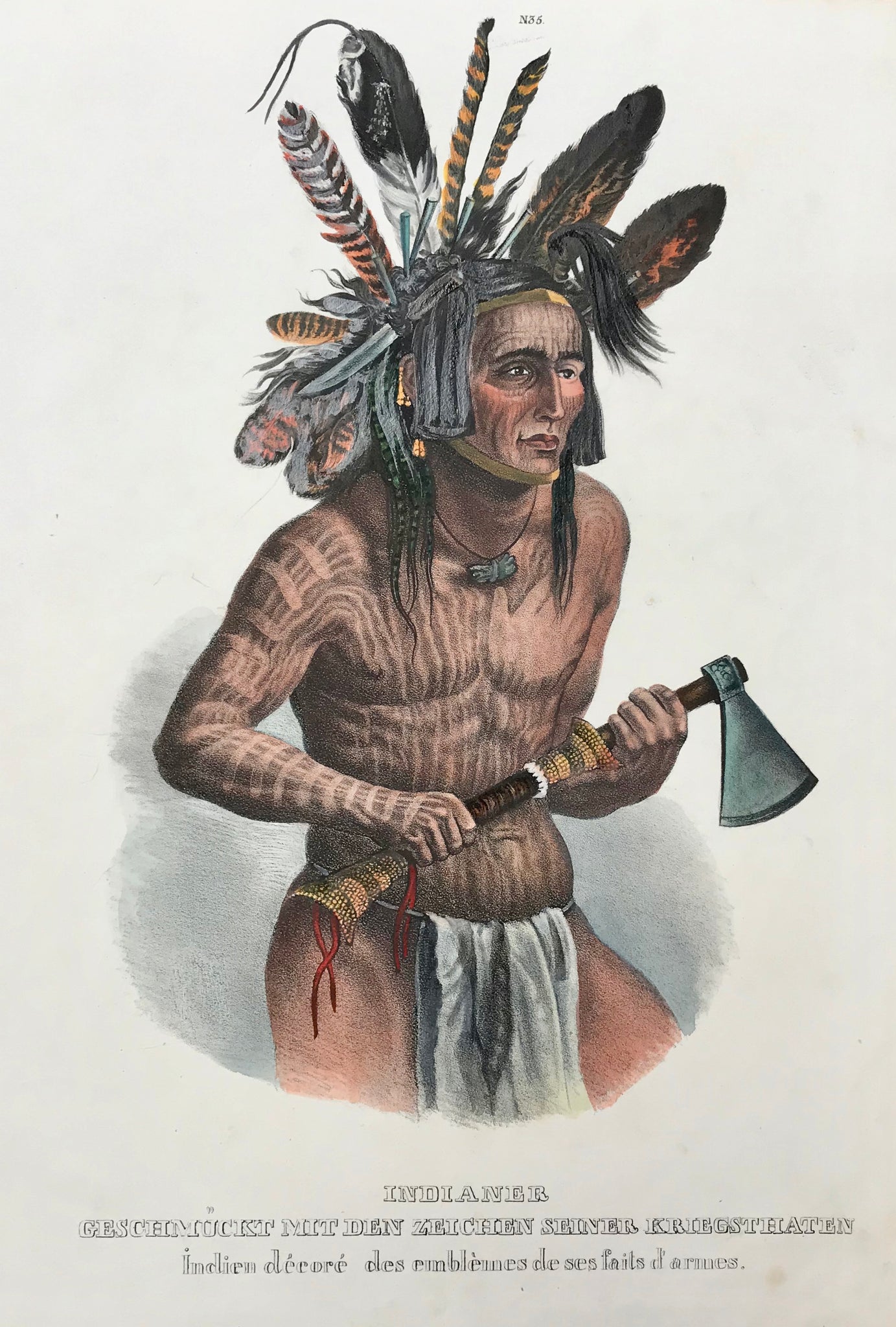Indegenous Peoples, Indianer geschmückt mit den Zeichen seiner Kriegstaten, Schinz
