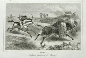 "Indiens chassant le Bison"  Steel engraving by Lemaitre 1849.  9 x 14 cm ( 3.5 x 5.5 ")