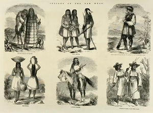 "Indians of the Far West"  "Diegeno Indians Travelling - Yuma Indians - Noco Himatt Tash Tanaki, or Grisley Bear a Seminole Chief" "Pimo Women - A Lipan Warrior - Papagos Women"  Wood engravings dated 1858. Reverse side is printed.  Page size: 26 x 36 cm ( 10.2 x 14.1 ")