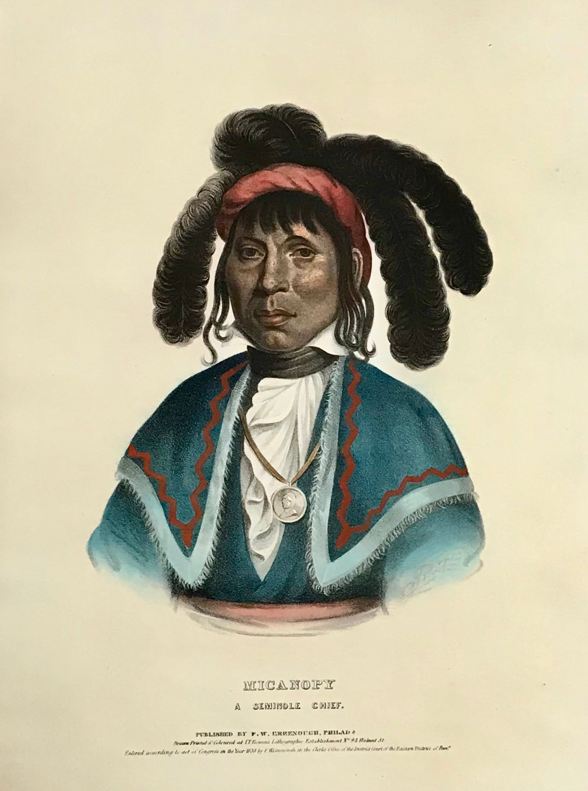 "Micanopy. A Seminole Chief" Lithograph. Original hand coloring Painting by Charles Bird King (1785-1862) Published in: "History of the Indian Tribes of North America" Authors: Thomas Loraine McKenny (1785-1859) and James Hall (1793-1868)