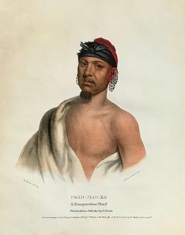  "Peah-Mas-Ka A Musquawkee Chief" Lithograph. Original hand coloring Painting by Charles Bird King (1785-1862) Published in: "History of the Indian Tribes of North America" Authors: Thomas Loraine McKenny (1785-1859) and James Hall (1793-1868)