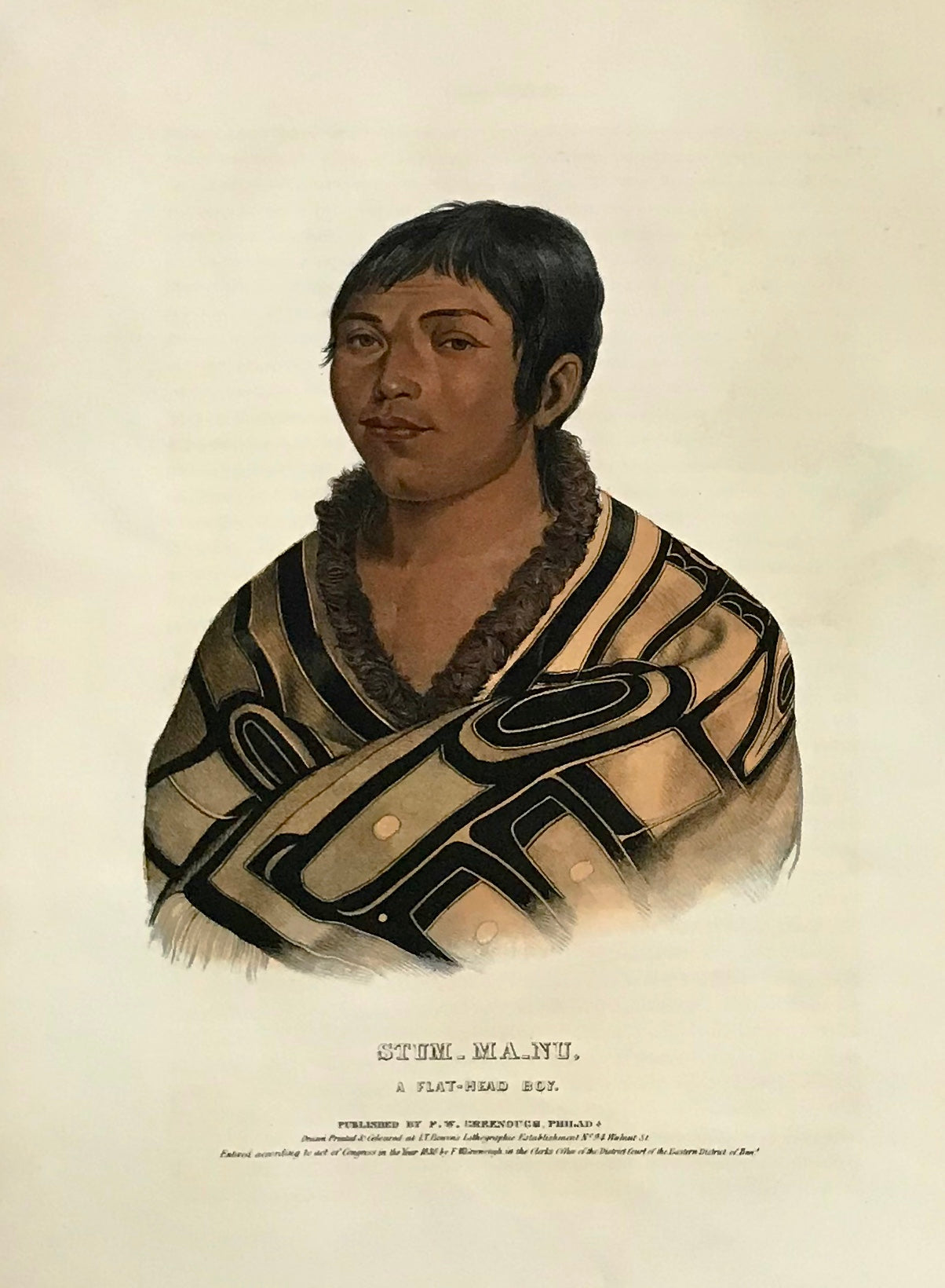 "Stum-Ma-Nu. A flat-Head Boy" Lithograph. Original hand coloring Painting by Charles Bird King (1785-1862) Published in: "History of the Indian Tribes of North America" Authors: Thomas Loraine McKenny (1785-1859) and James Hall (1793-1868)