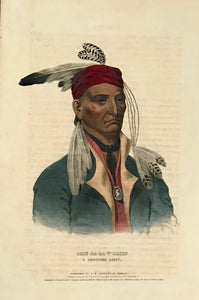 "Shin-Ga-Ba-W'Ossin. A Chippeway Chief" Lithograph. Original hand coloring Painting by Charles Bird King (1785-1862) Published in: "History of the Indian Tribes of North America" Authors: Thomas Loraine McKenny (1785-1859) and James Hall (1793-1868)