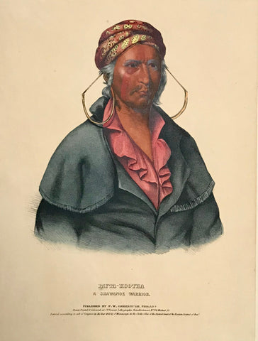 "Payta-Kootha - A Shawanoe Warrior" Lithograph. Original hand coloring Painting by Charles Bird King (1785-1862) Published in: "History of the Indian Tribes of North America" Authors: Thomas Loraine McKenny (1785-1859) and James Hall (1793-1868) Folio edition