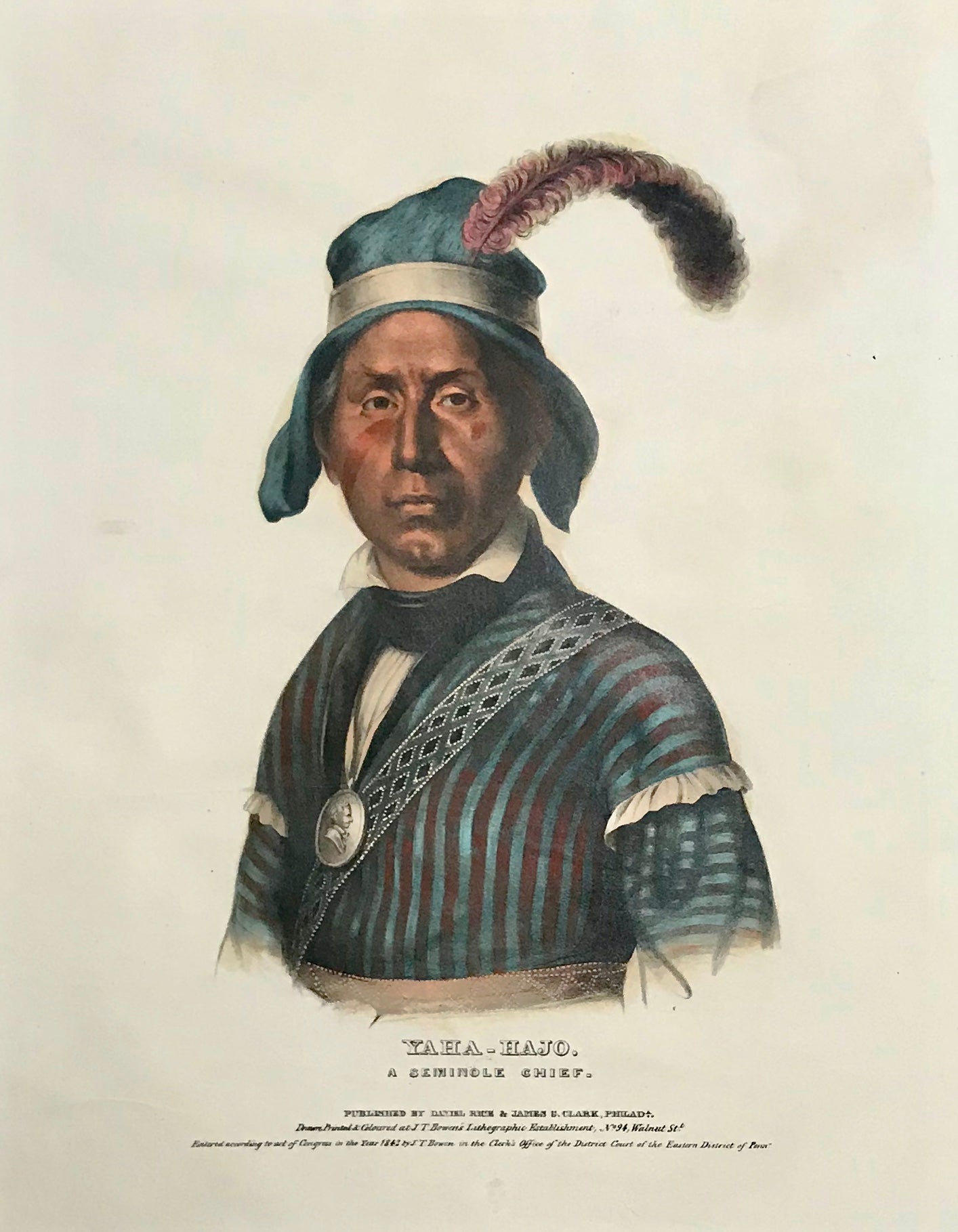 "Yaha-Hajo. A Seminole Chief" Lithograph. Original hand coloring Painting by Charles Bird King (1785-1862) Published in: "History of the Indian Tribes of North America" Authors: Thomas Loraine McKenny (1785-1859) and James Hall (1793-1868)